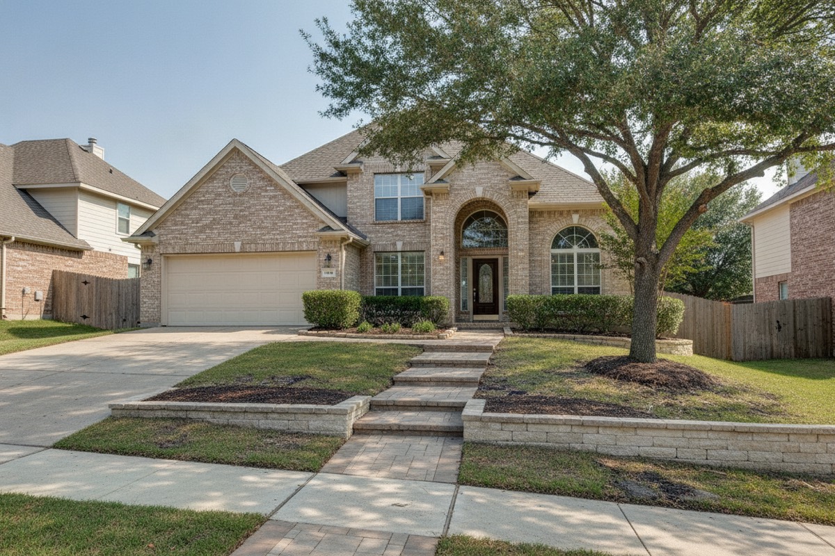 Stacked limestone retaining wall and paver steps on a sloped front yard in McKinney, TX