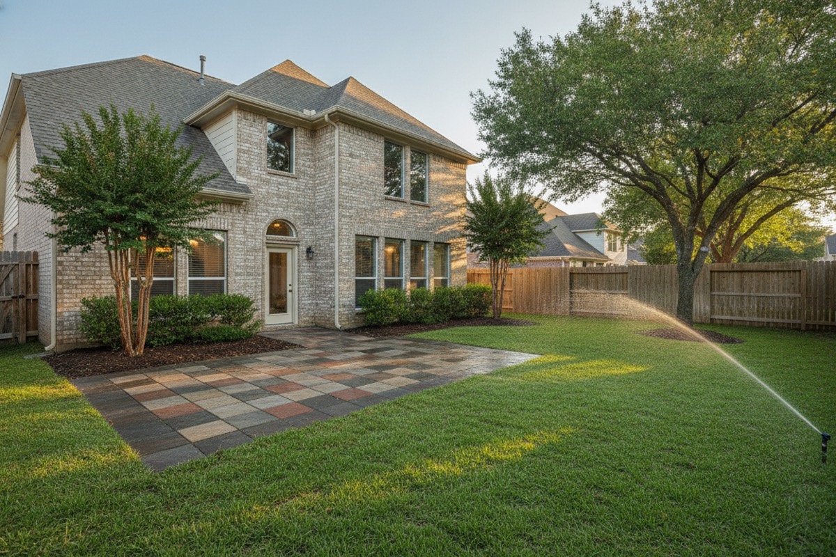 Paver patio and lawn behind a brick home in Plano, TX