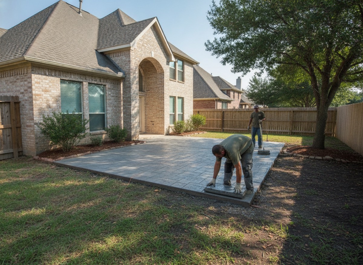 Stamped concrete patio being stamped in an ashlar slate pattern in a North Texas backyard
